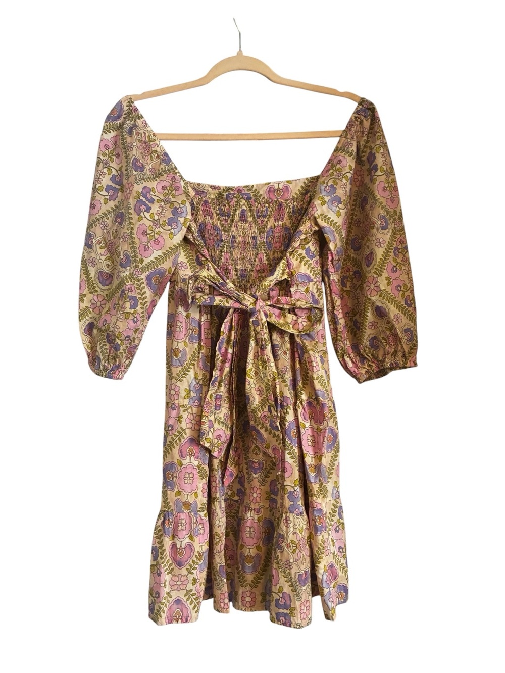 Olivaceous Pink and Gold Paisley-Print Smocked Midi Dress